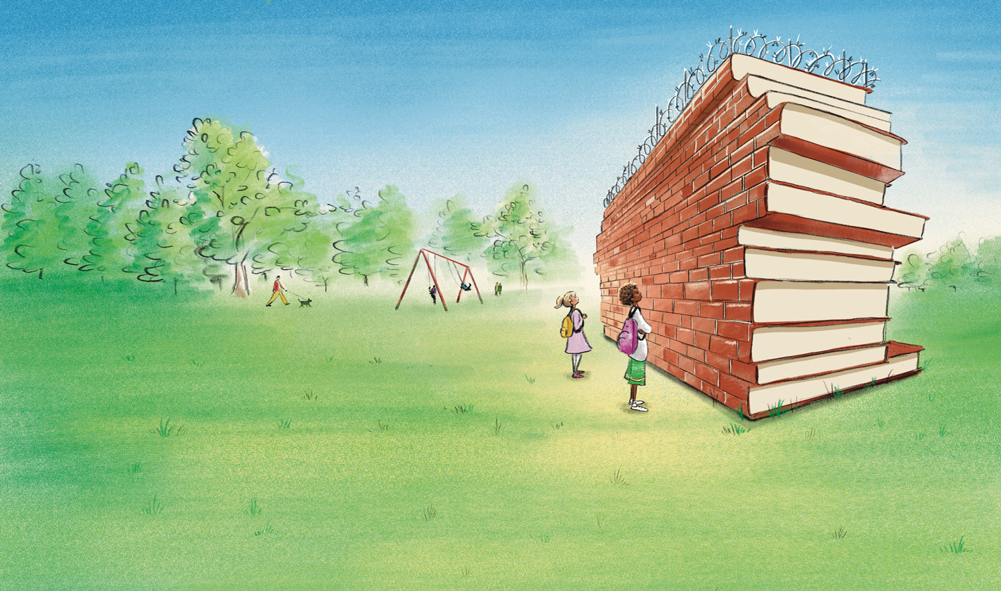 Illustration of young people looking up at a wall of books with barbed wire strung across the top.