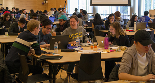 Students work during the Winfo Hackathon.