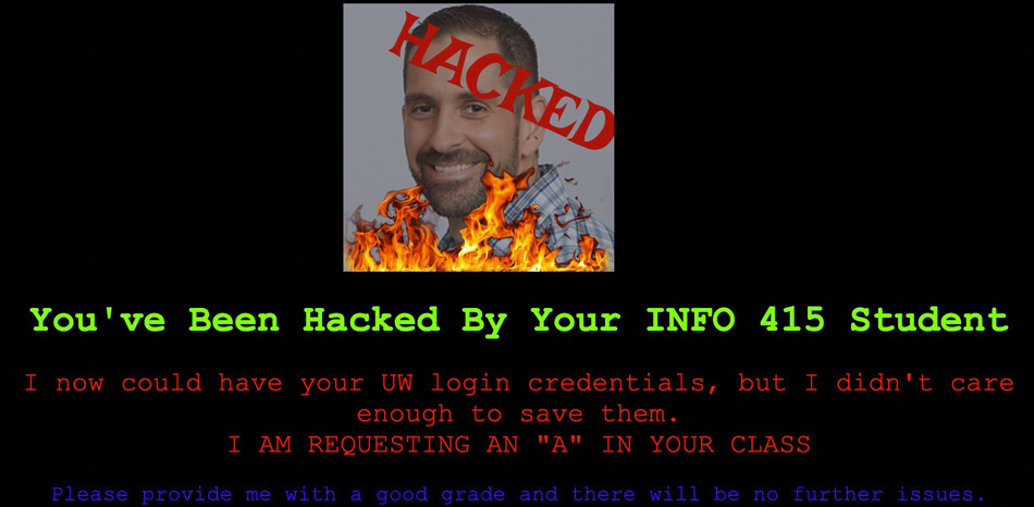 Photo of Andrew Reifers with the word "hacked" and flames overlaid on it