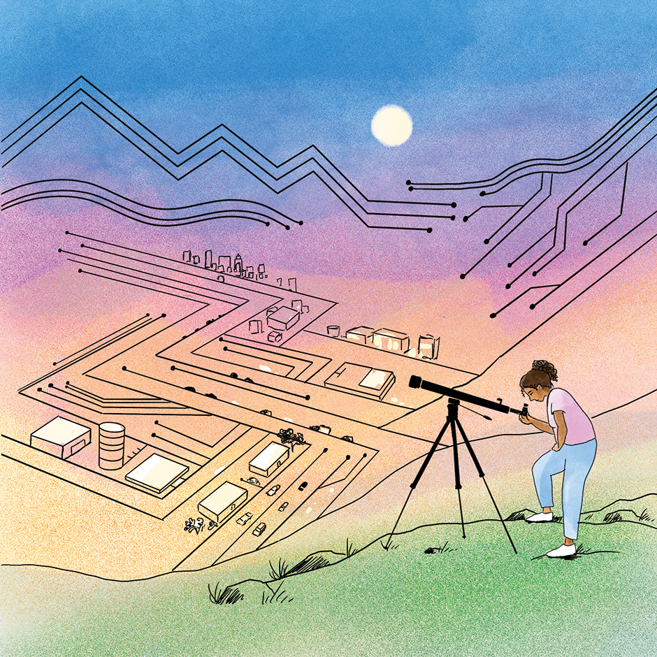 Illustration of a woman looking through a telescope above a city grid that resembles a circuit board.