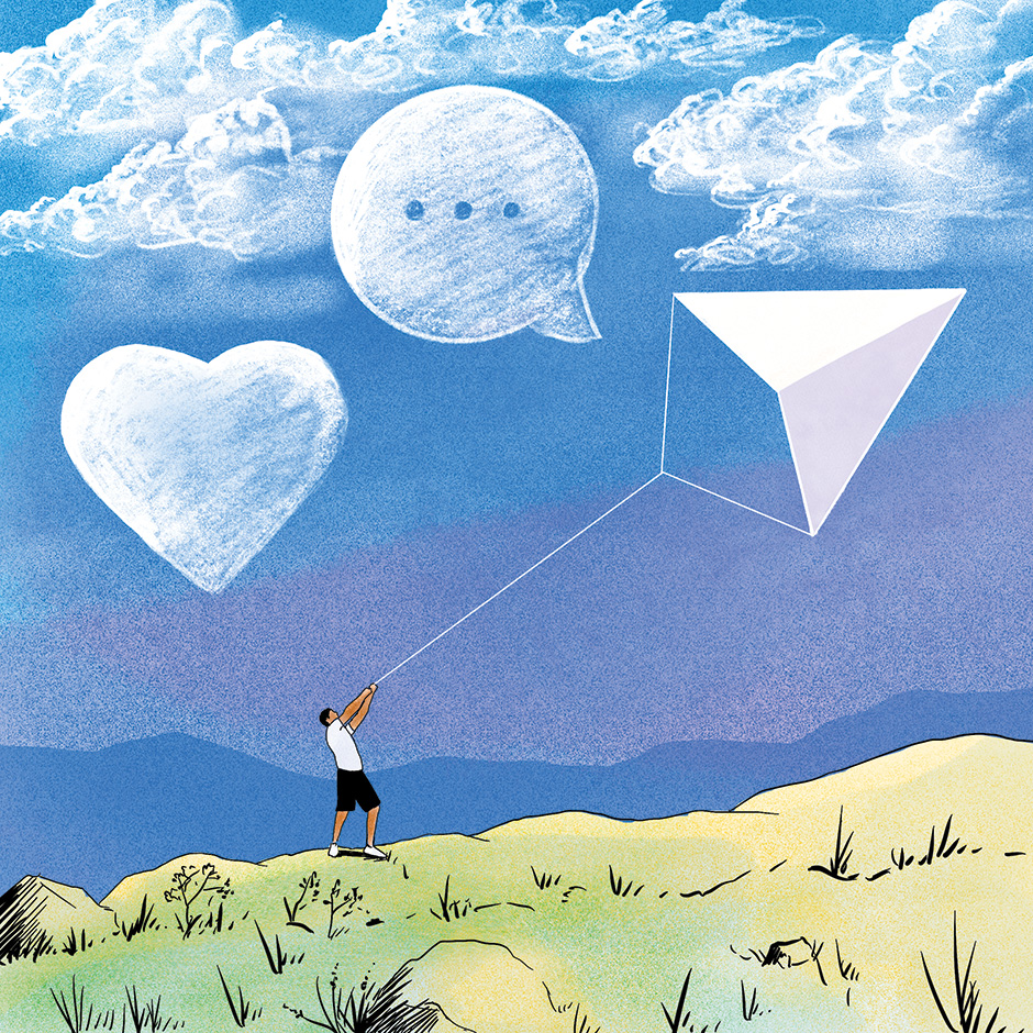 Illustration of a man holding a kite shaped as a messaging icon, with other technology icons as clouds in the sky.