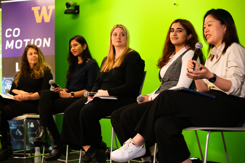 From left, Sara Sanford, Ishita Bhandari, Ashley Farley, Raiham Malik and Sophin Liu are seated during a panel discussion.