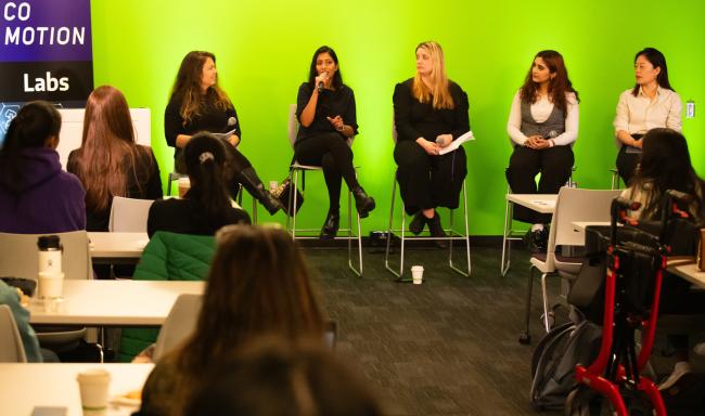 From left, Sara Sanford, Ishita Bhandari, Ashley Farley, Raiham Malik and Sophin Liu are seated during a panel discussion.