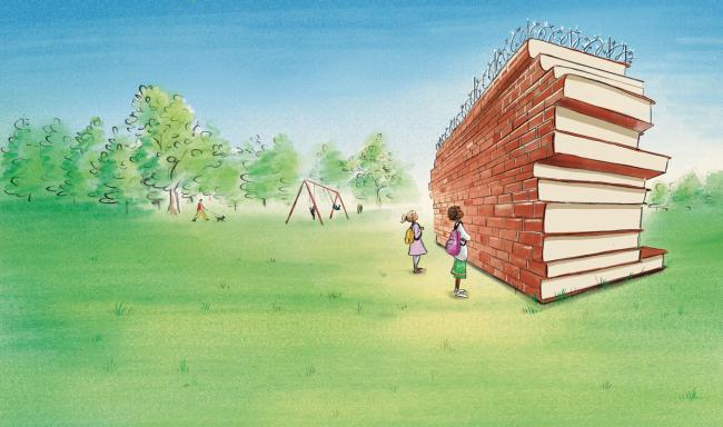 Illustration of young people looking up at a wall of books with barbed wire strung across the top.