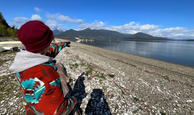 A volunteer looks out over a rocky coastline.