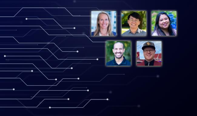 Five headshots on a textured, illustrated background.