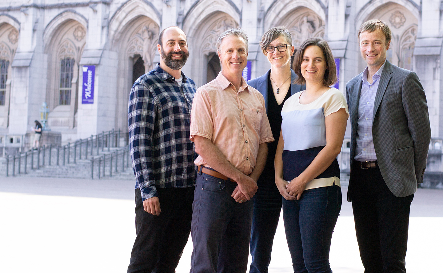 Researchers (from left) Ryan Calo, Chris Coward, Kate Starbird, Emma Spiro and Jevin West