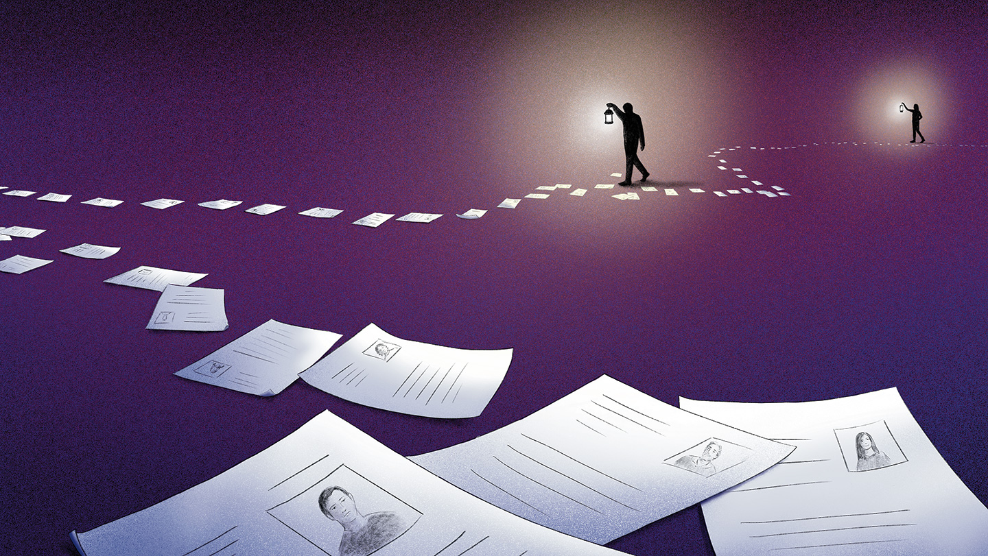 Illustration of people searching on a paper trail