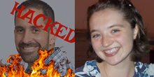 Marie O'Connell and the image she posted of Andrew Reifers with the word "hacked" and flames overlaid on it