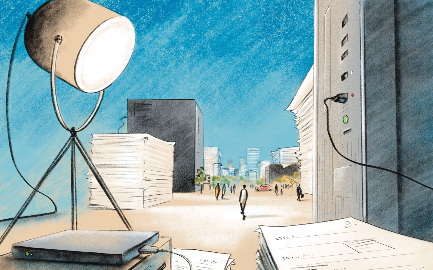 Illustration of a light shining on documents shaped in the form of city buildings