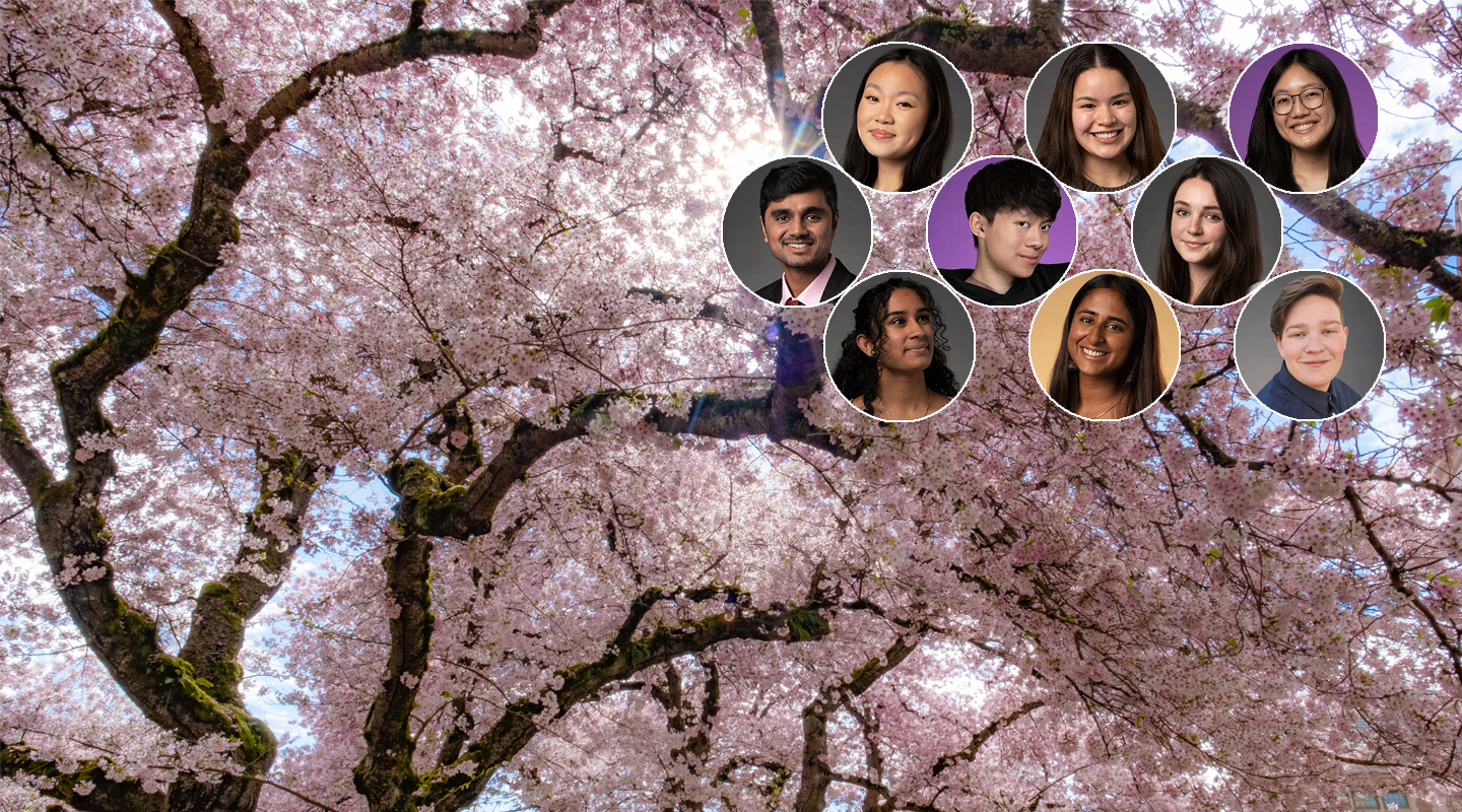 Faces of the 9 iSchool Husky 100 winners with a full-bloom cherry tree in the background