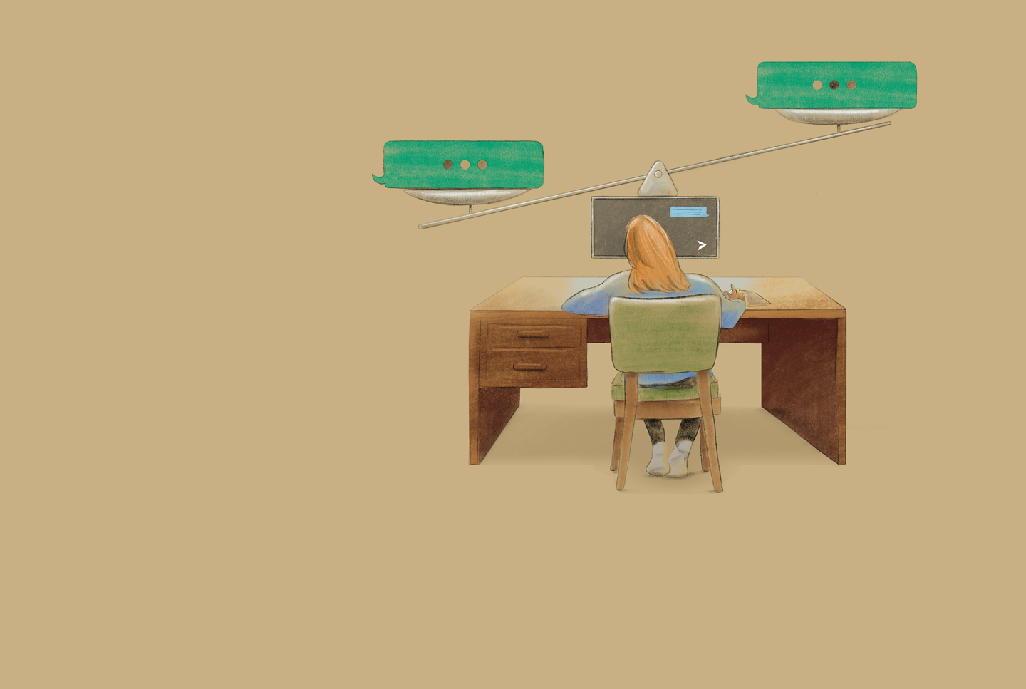 Illustration of a person working at a computer with two "chats" overhead on a scale, tilting the balance in one direction