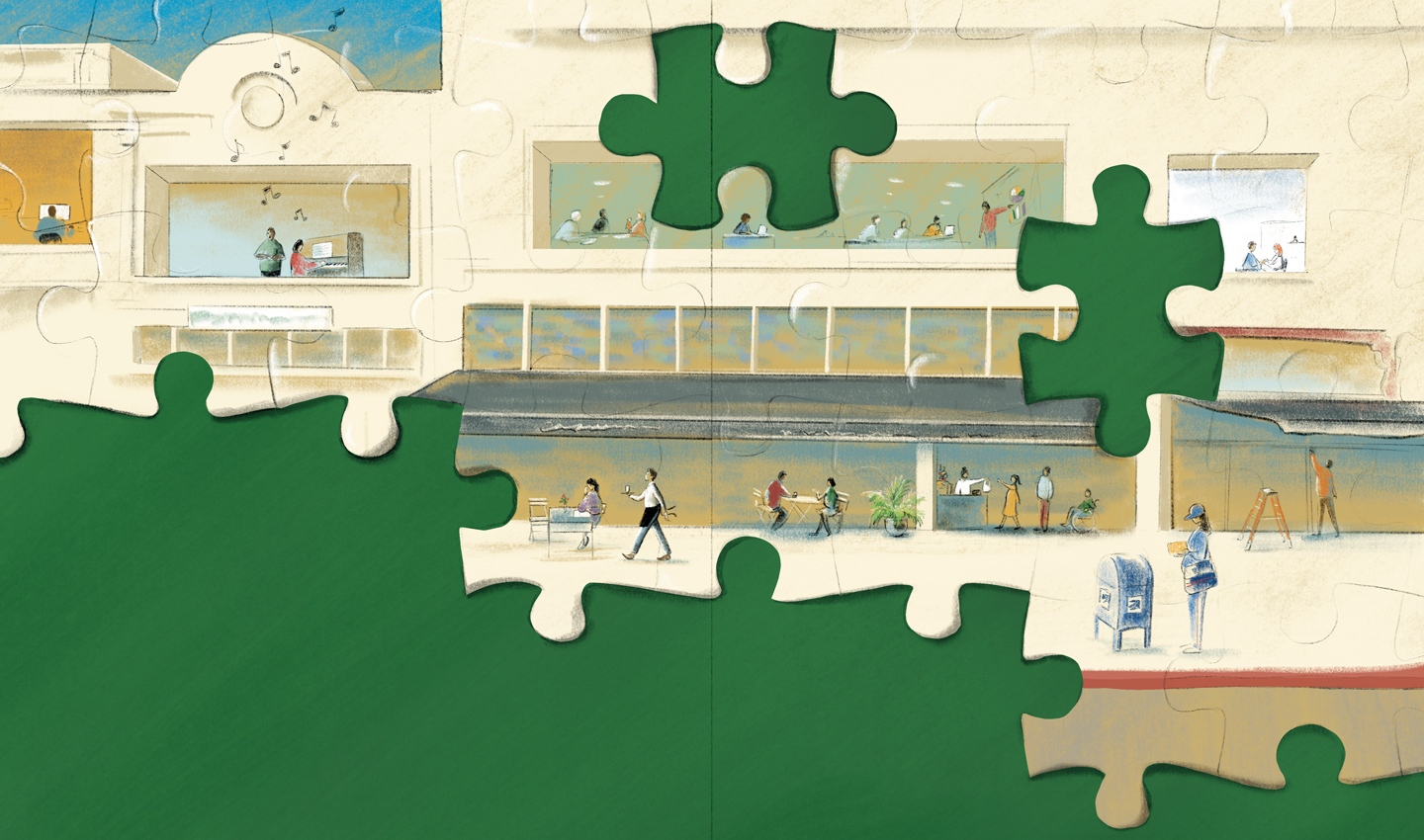 Puzzle pieces form an image of people in a workplace.