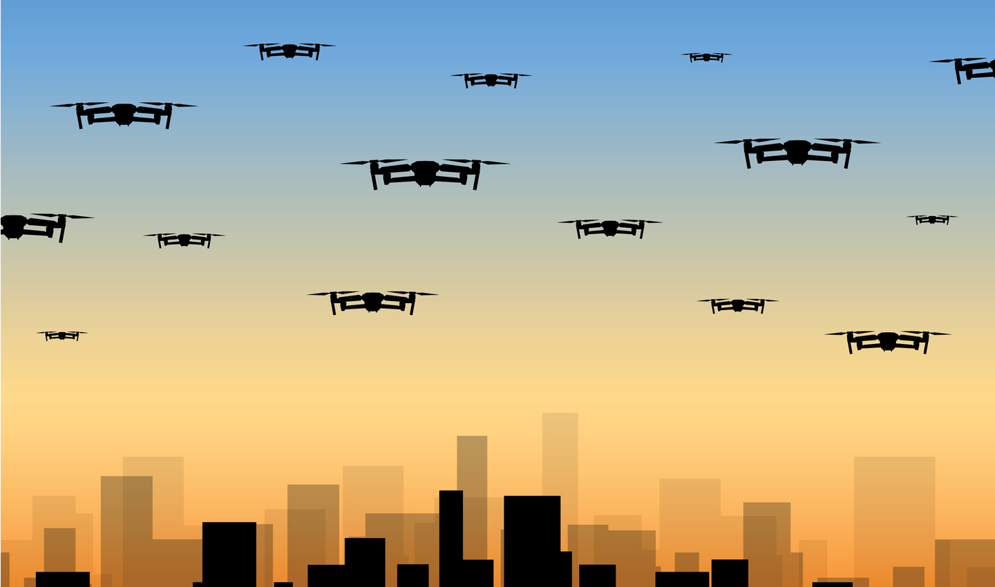 Illustration of a set of drones over a city.