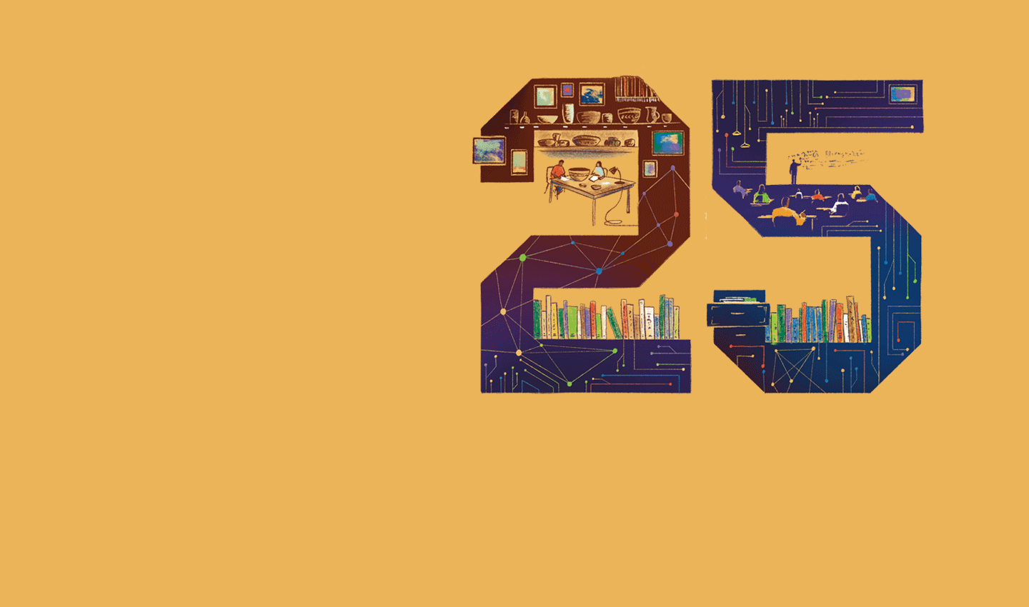 Illustration of people, technology, books and other items in the form of the number 25.
