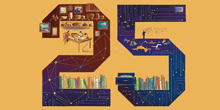 Illustration of people, technology, books and other items in the form of the number 25.