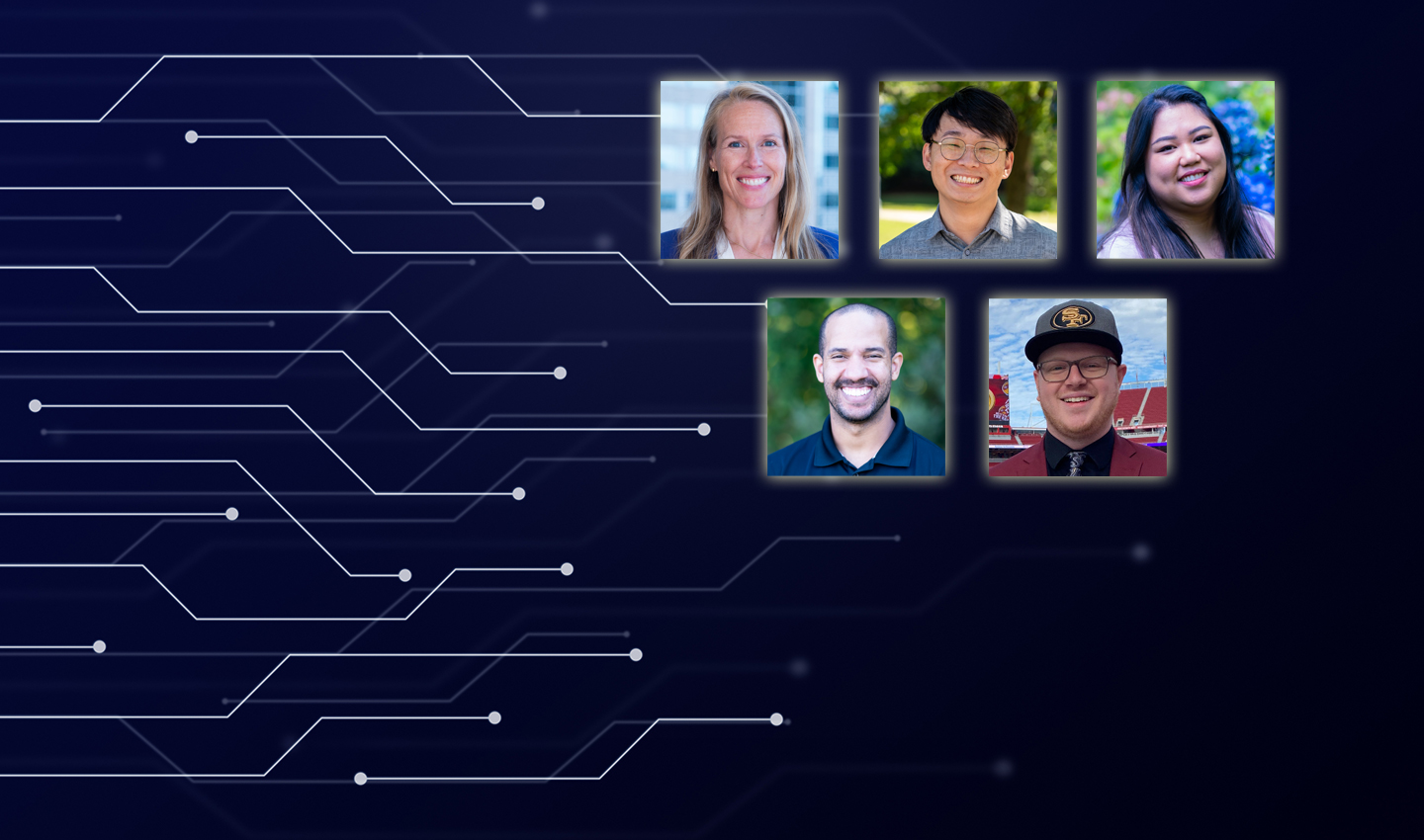 Five headshots on a textured, illustrated background.