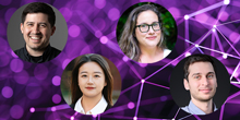 On a textured background, faces of 4 faculty: Nicholas Hernandez, Yaman Yu, Crystal Yragui and Benjamin Laufer.