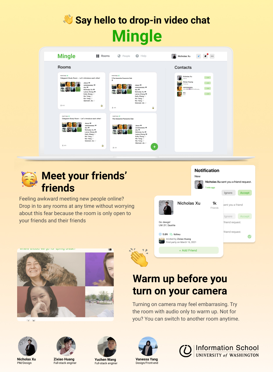 Safely connect and expand your social circles with video chat “Mingle” with  trusted friends network, Information School