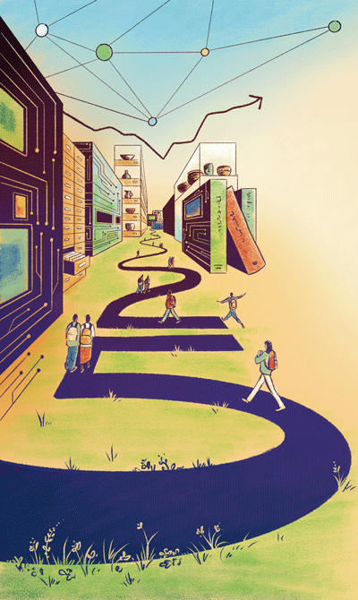 An illustration of various forms of technology, books and museum pieces along a walkway in the form of the number 25 with people walking on it.