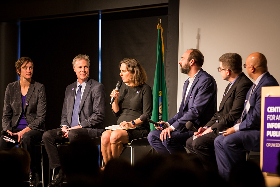 Panelists (from left) Kate Starbird, Chris Coward, Emma Spiro, Ryan Calo and Mike Caulfield, along with moderator Anind Dey.