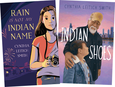Images of two books, "Rain Is Not My Indian Name" and "Indian Shoes."