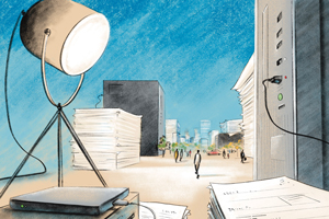 Illustration of a large spotlight over paper files and filing cabinets.