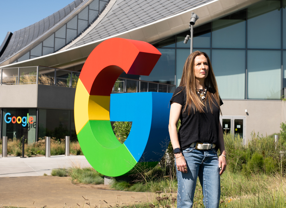 Sunny Consolvo stands near a "G" statue at the Google campus in Mountain View, California.