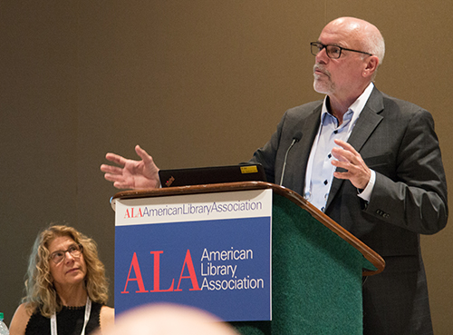 Rolf Hapel speaks during a panel on the future of libraries.