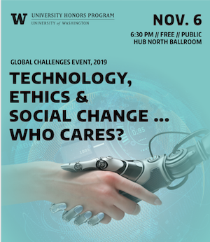 Global Challenges 2019 poster: person shaking hands with a mechanical hand