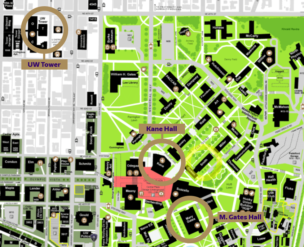 Map showing 3 locations on UW campus: UW Tower, Mary Gates Hall and Kane Hall