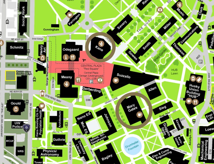 Map of UW campus highlighting location of Kane Hall and Mary Gates Hall