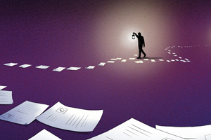 Illustration of a person following a paper trail
