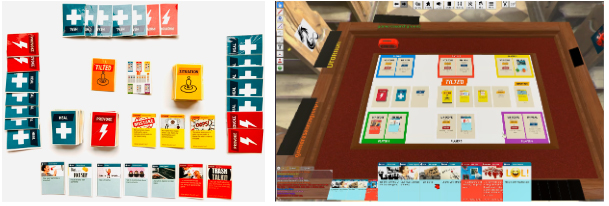 A digital card game and a physical one on a table.