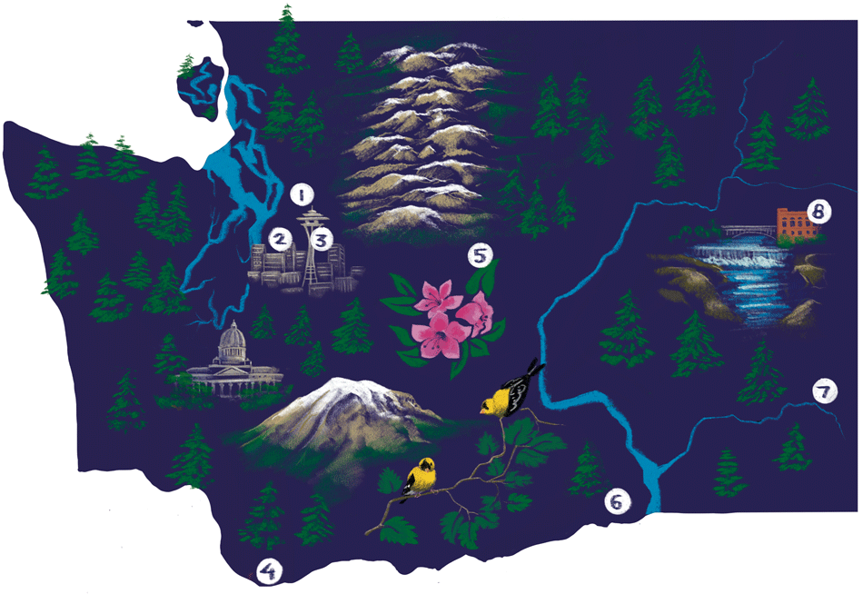 Illustration of Washington state with 8 numbers corresponding to the locations of 8 alumni listed below.