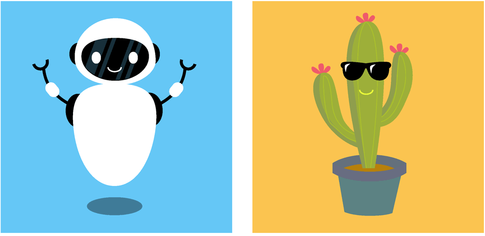 Illustrated robot figure and cactus figure
