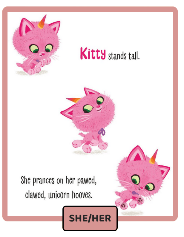 An illustrated kitten, labeled "she/her"