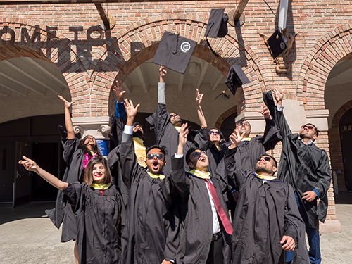 Students celebrate outside Hec Edmundson Pavilion.