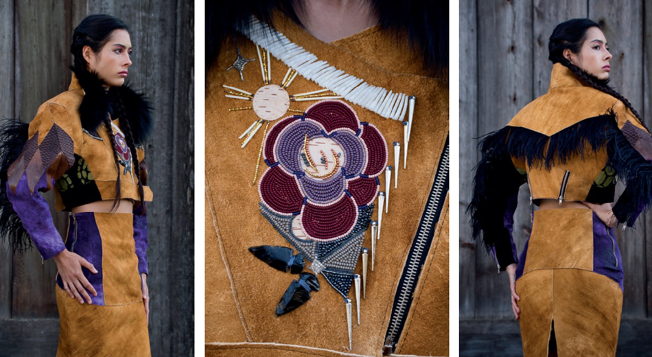 Three panels show Sho Sho Esquiro's fashion piece, "LandBack, 2021"