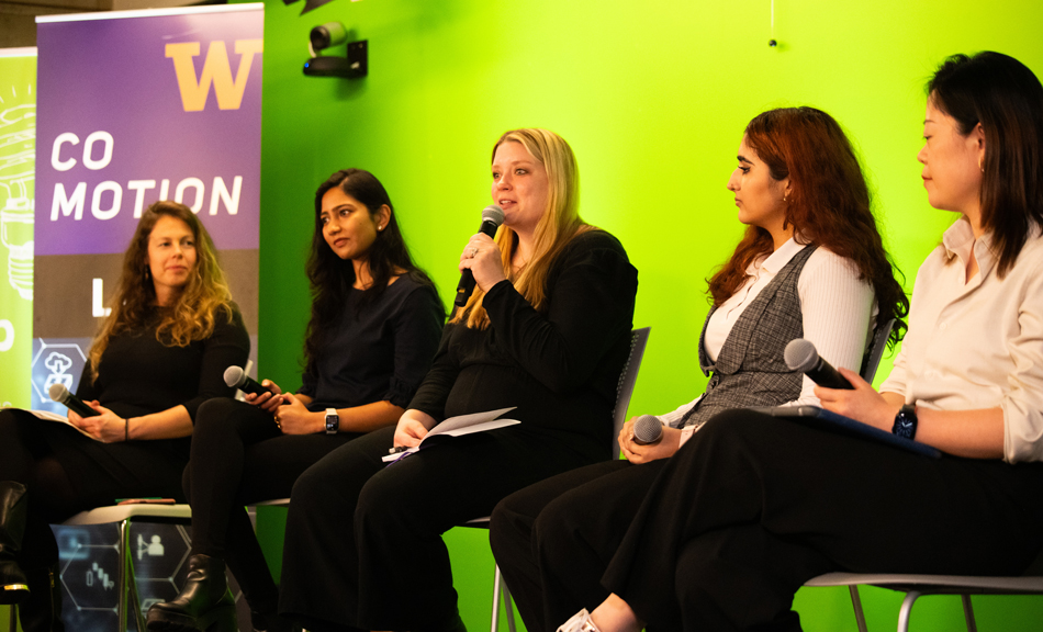 Ashley Farley (center) speaks during an Information School panel featuring women in entrepreneurship in February 2024 at the UW. Also pictured are (from left) Sara Sanford, Ishita Bhandari, Raiham Malik and Sophin Liu.