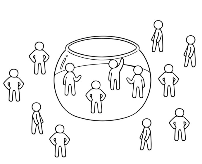 Illustration of people standing in a fishbowl while others stand around the outside.