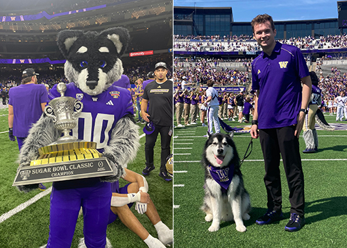 In 2 photos, Ryan Fournier appears in costume as Harry the Husky and as himself with Dubs, the UW's live Husky mascot.