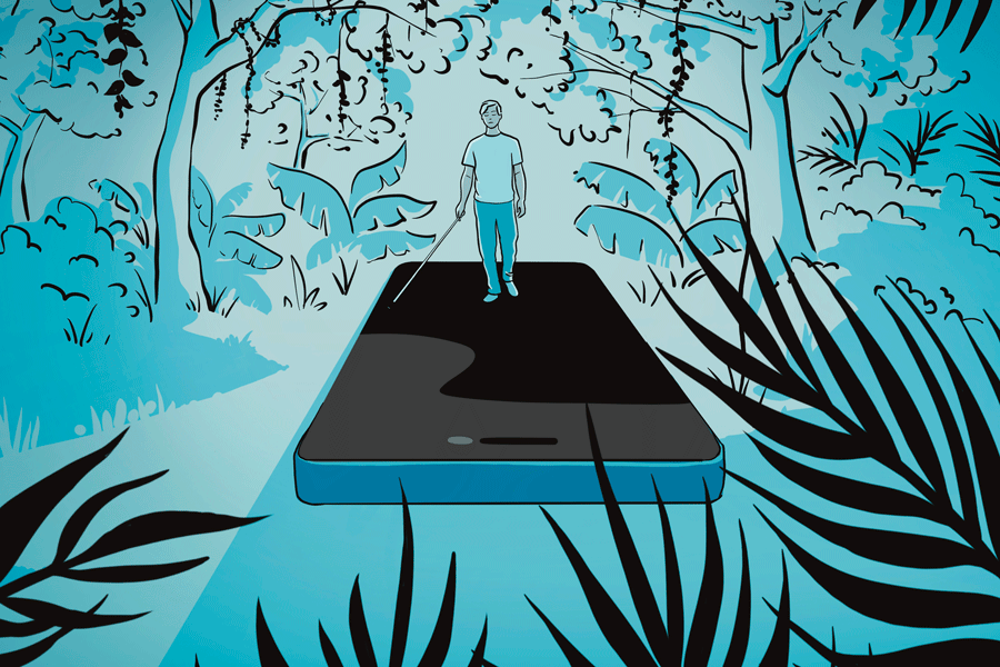 Illustration of a blind person walking on a phone.