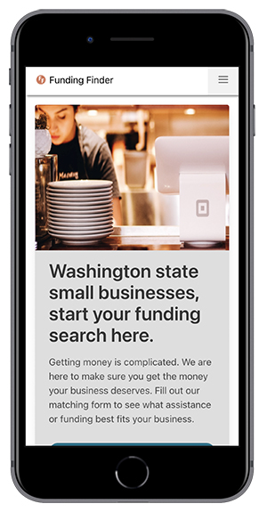 Image of a phone displaying the Funding Finder website