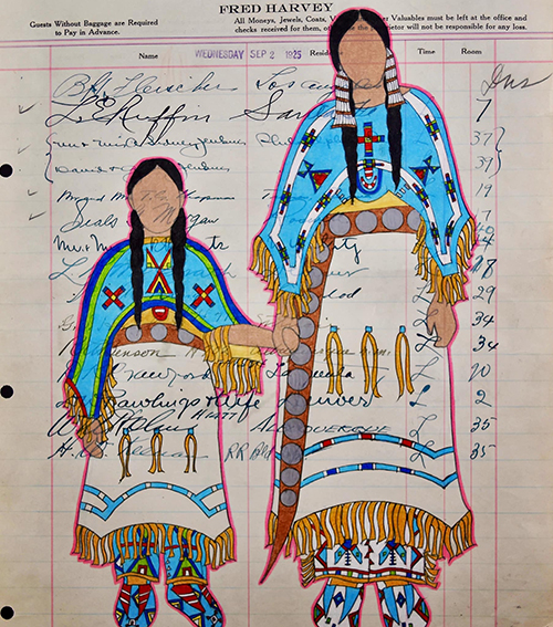Drawings of two Native women overlaid on a ledger of names.