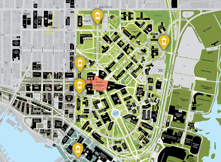 A map of the UW campus showing locations of parking gates.