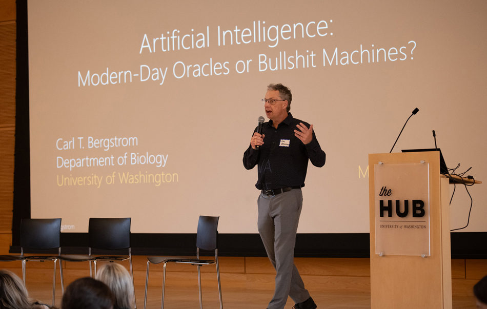 Carl Bergstrom presents in front of a slide that reads "Artificial intelligence: modern-day oracles or bullshit machines?"