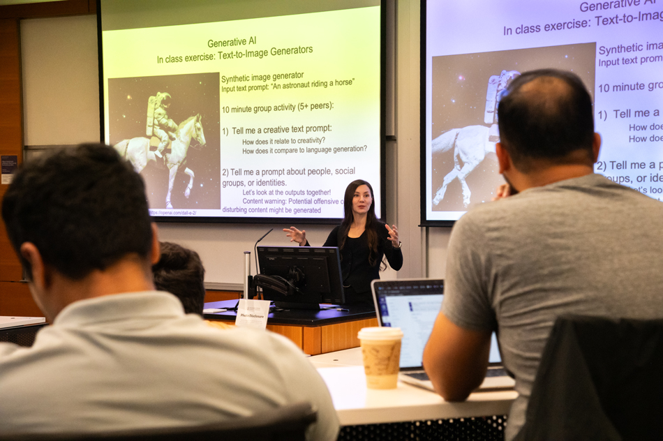 Assistant Professor Aylin Caliskan teaches a class on generative AI ethics.