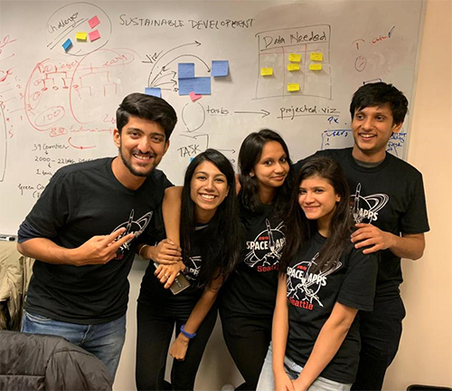 From left, Prathamesh Mahankal, Oindrila Choudhury, Roshni Roy, Purba Roy and Yash Raichura at the NASA Space Apps Challenge.