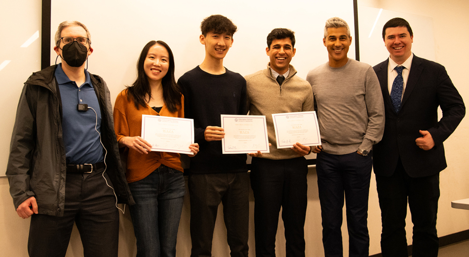 Students on the WAZA team show their certificates after earning first place in a class startup competition at the end of fall quarter. Their startup idea is related to food delivery in India. Instructors Jeremy Zaretzky (left), Kabir Shahni (second from right), and Mike Teodorescu (far right) join in the photo.